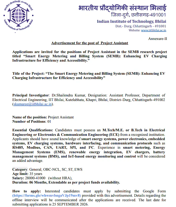 Project Assistant Recruitment 2026 at IIT Bhilai – Smart Energy Metering & EV Charging Infrastructure Project