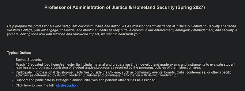 Faculty Opportunity: Professor of Administration of Justice & Homeland Security – Arizona Western College