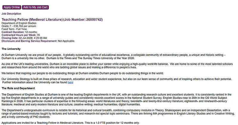 Teaching Fellow (Medieval Literature) – Department of English Studies, Durham University, UK