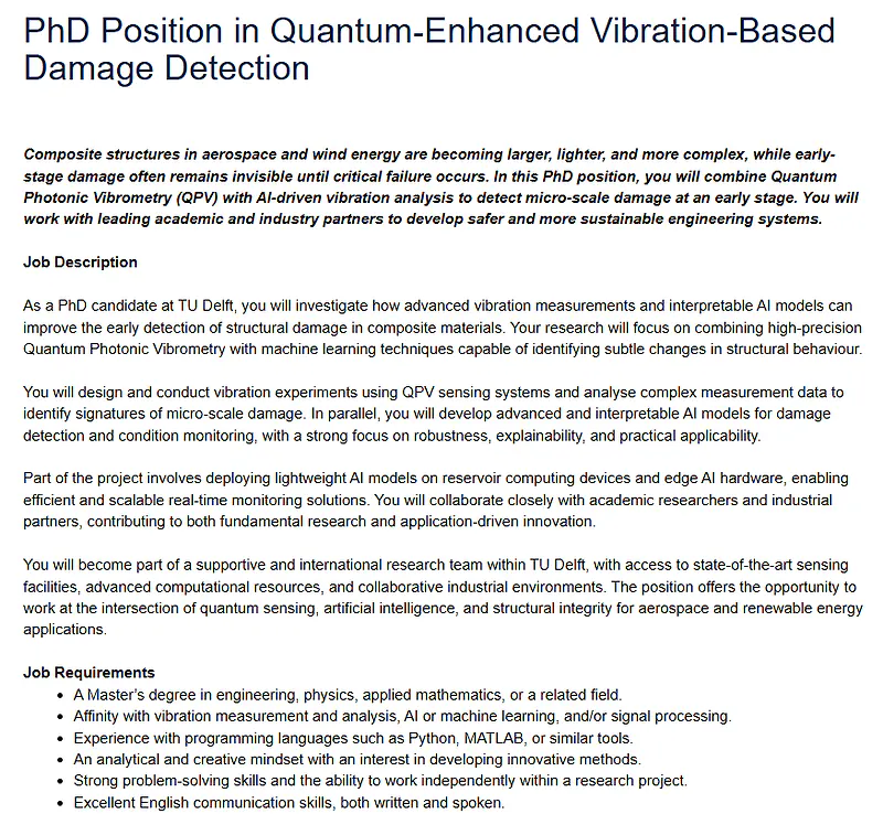 PhD Opportunity 2026 | Quantum-Enhanced Vibration-Based Damage Detection at TU Delft