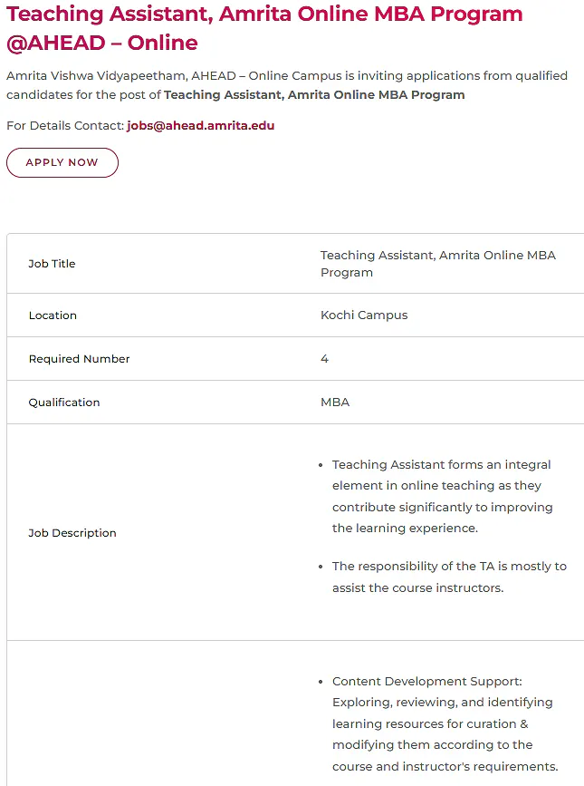 Amrita Vishwa Vidyapeetham Teaching Assistant Recruitment