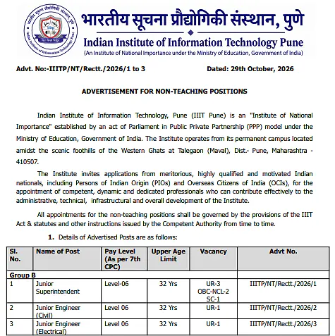 IIIT Pune Non-Teaching Recruitment 2026 – Junior Superintendent and Junior Engineer Vacancies