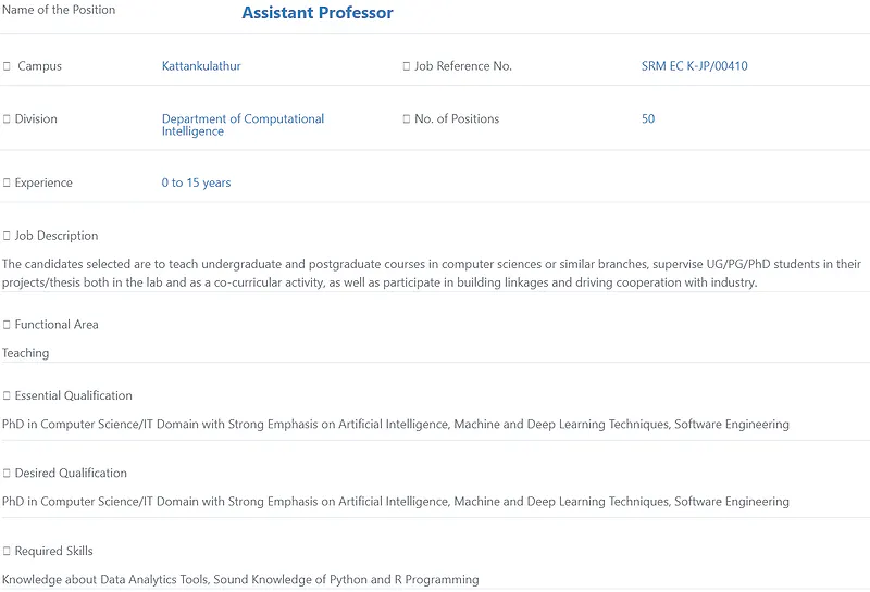 Assistant Professor Recruitment 2026 at SRM Institute of Science and Technology – 50 Positions in Computational Intelligence
