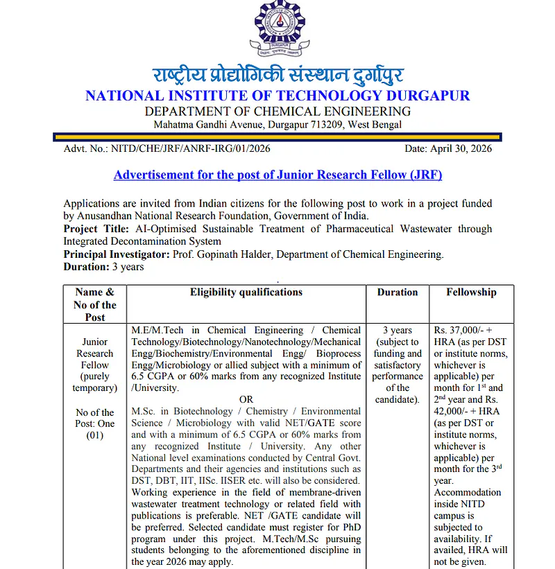 JRF Recruitment 2026 at National Institute of Technology Durgapur