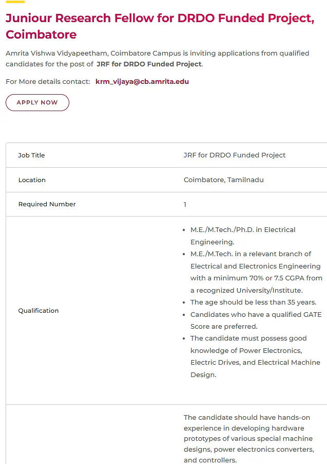 Amrita Vishwa Vidyapeetham Recruitment 2026 | Junior Research Fellow (JRF) for DRDO Funded Project
