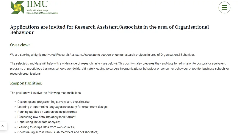  IIM Udaipur Recruitment 2026  Research Assistant / Associate Vacancy in Organisational Behaviour