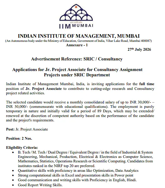 IIM Mumbai Recruitment 2026: Junior Project Associate Positions Under SRIC Consultancy Projects
