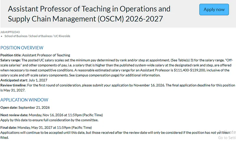 Assistant Professor of Teaching in Operations and Supply Chain Management – UC Riverside