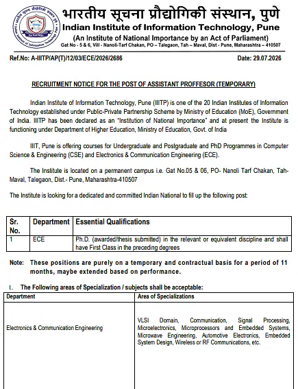 IIIT Pune Assistant Professor Recruitment 2026 in ECE