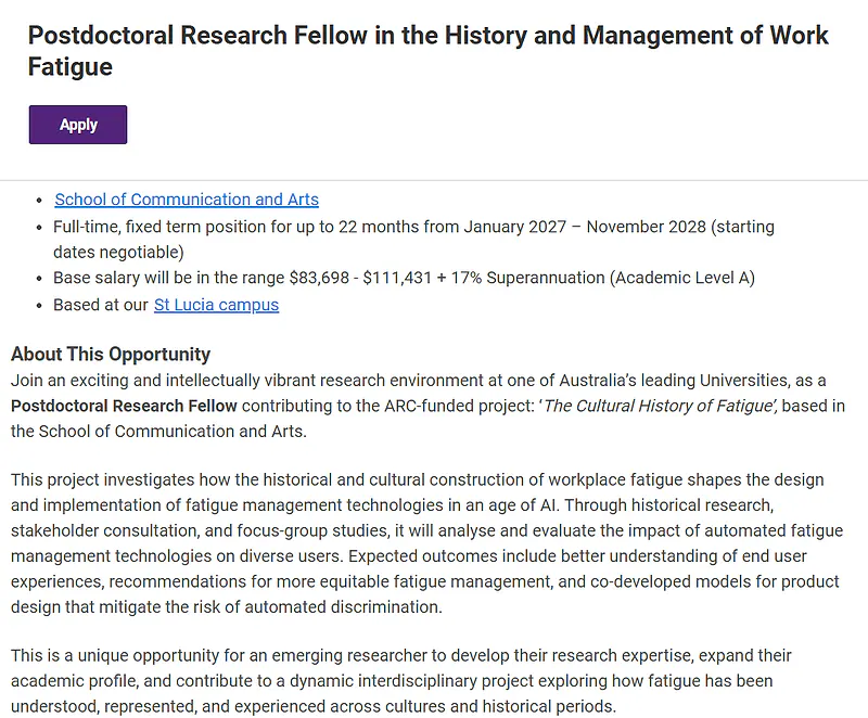 University of Queensland Recruitment 2026: Postdoctoral Research Fellow – History and Management of Work Fatigue