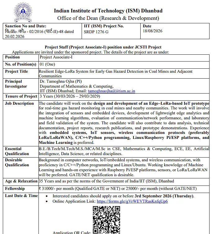  IIT (ISM) Dhanbad Project Associate-I Recruitment 2026