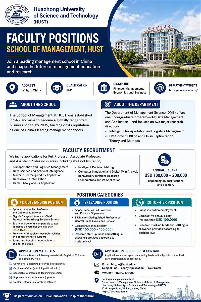Faculty Recruitment: School of Management, Huazhong University of Science and Technology (HUST)