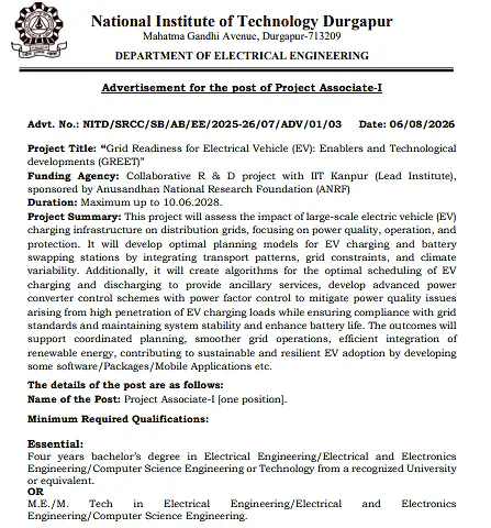 NIT Durgapur Project Associate-I Recruitment 2026 Under ANRF-Funded GREET Project