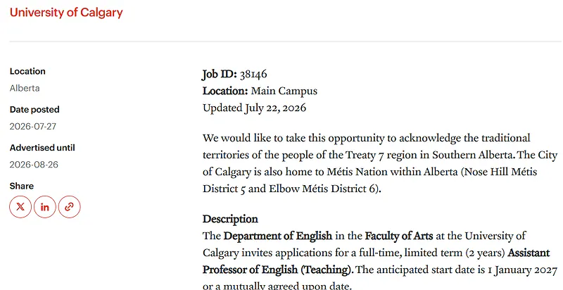 University of Calgary Assistant Professor of English Recruitment 2026