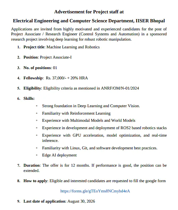IISER Bhopal Project Associate-I Recruitment 2026 – Machine Learning & Robotics