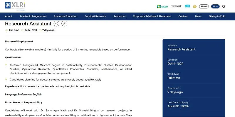 Research Assistant Opportunity at XLRI Delhi-NCR (Full-Time)