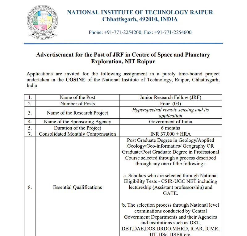  NIT Raipur JRF Recruitment 2026  : Junior Research Fellow (JRF)