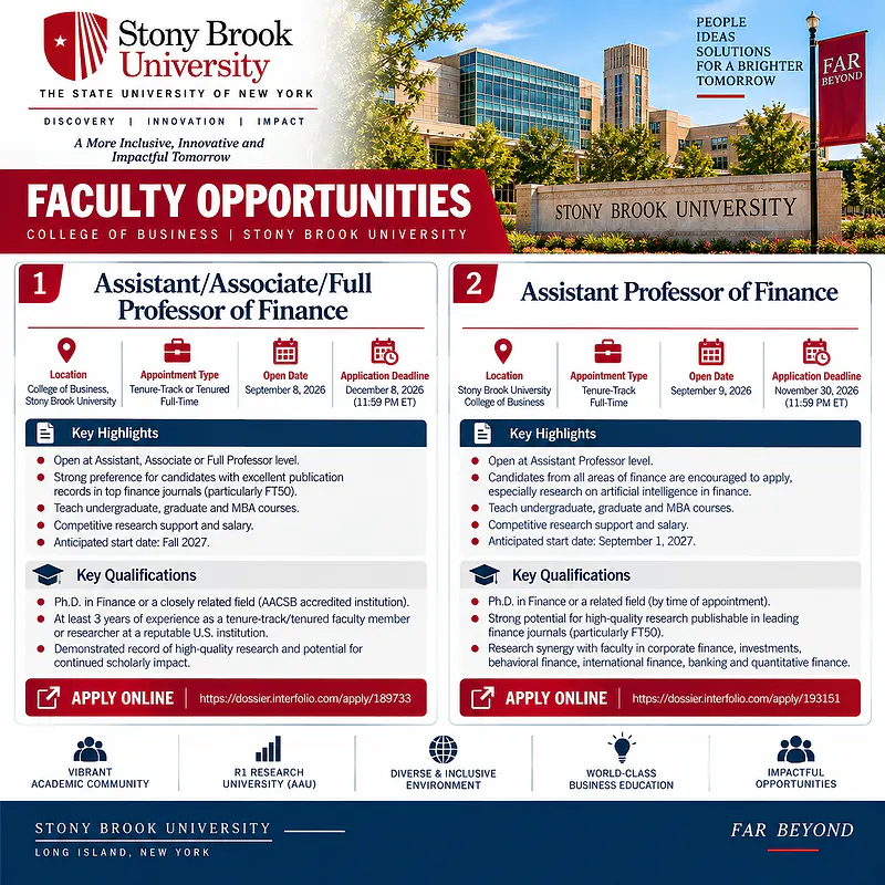 Two Finance Faculty Positions – Stony Brook University