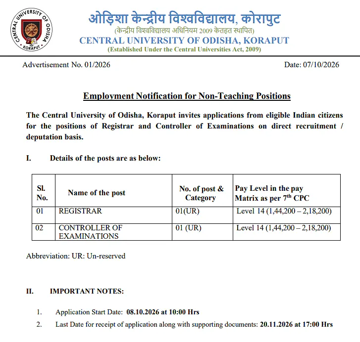 Central University of Odisha Recruitment 2026 – Registrar and Controller of Examinations 
