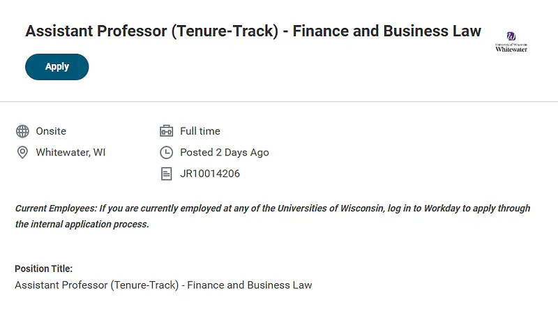 Assistant Professor of Finance and Business Law (Tenure-Track) – University of Wisconsin–Whitewater