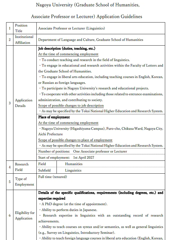 Nagoya University Faculty Recruitment in Linguistics