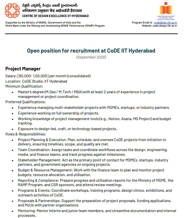 Project Manager Recruitment 2026 – CoDE, IIT Hyderabad