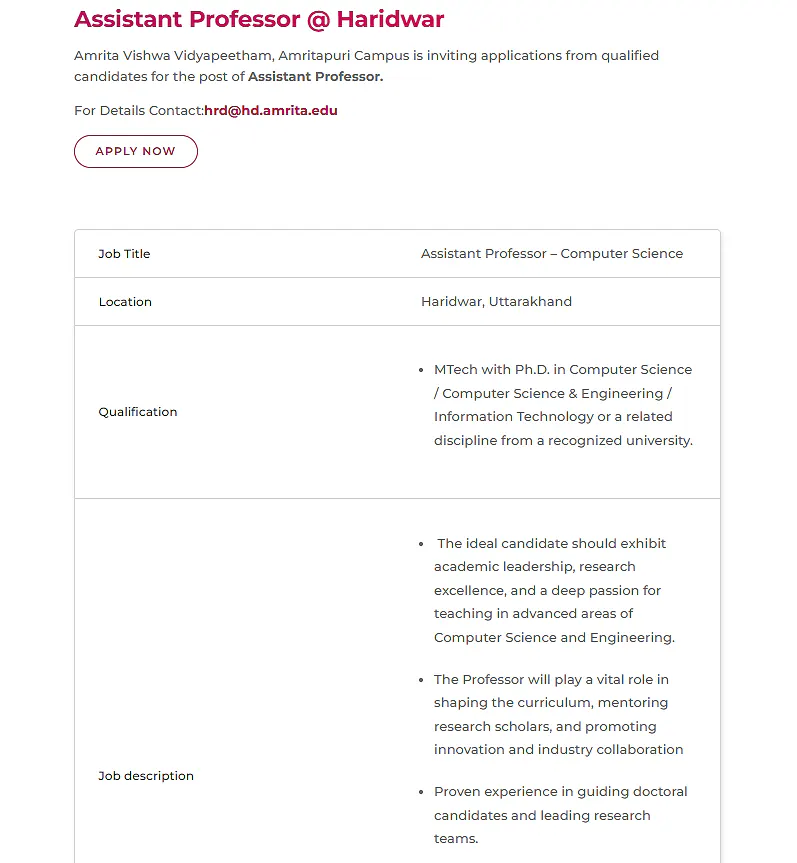Faculty Recruitment 2026 | Amrita Vishwa Vidyapeetham, Haridwar Campus