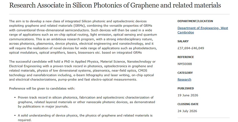 University of Cambridge Recruitment 2026: Research Associate in Silicon Photonics of Graphene and Related Materials