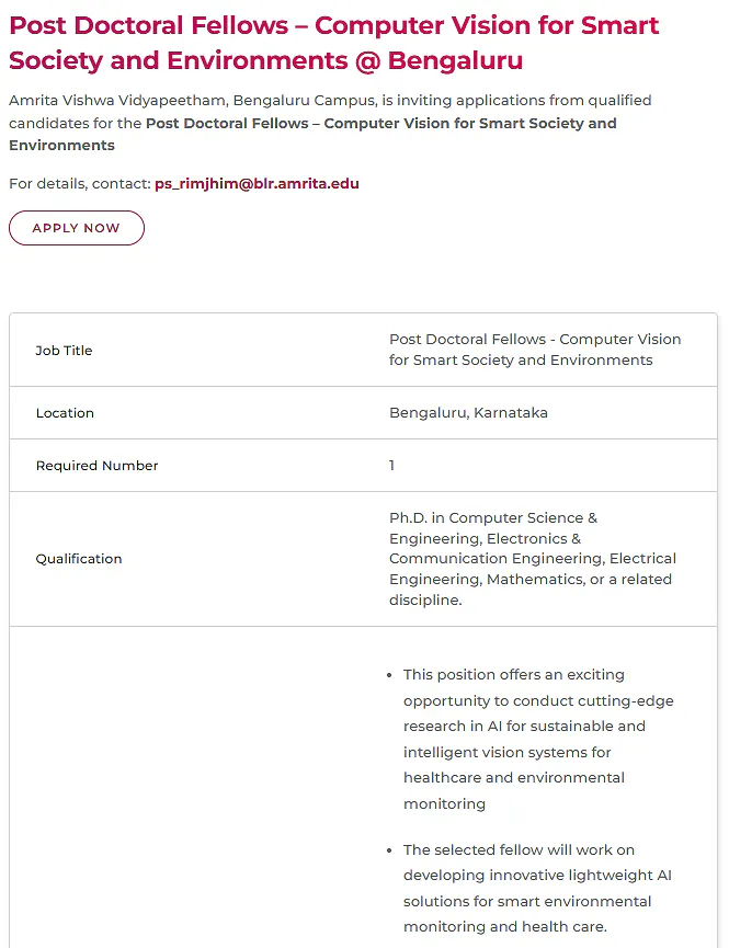 Amrita Vishwa Vidyapeetham Postdoctoral Fellowship in Computer Vision