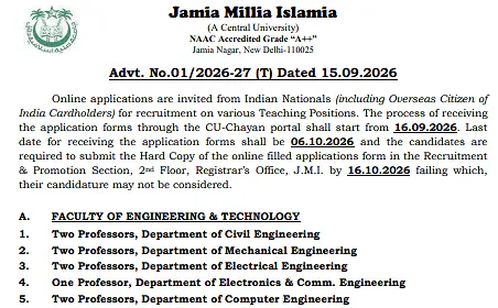 Jamia Millia Islamia Professor Recruitment 2026 – Faculty of Engineering & Technology