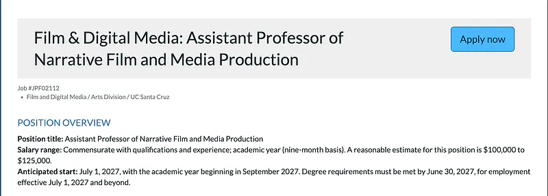 Assistant Professor of Narrative Film and Media Production – University of California, Santa Cruz