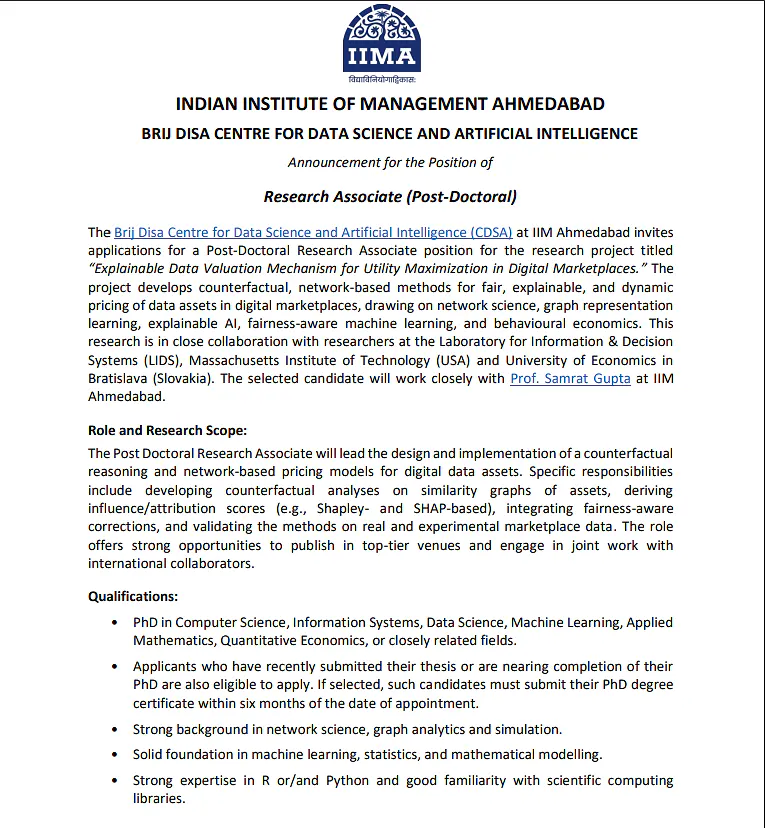  Post-Doctoral Research Associate Recruitment 2026 – IIM Ahmedabad