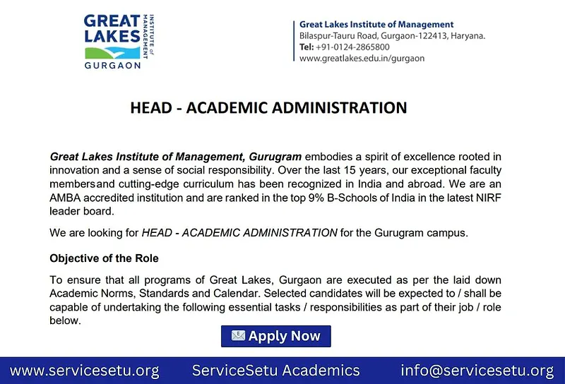 Head – Academic Administration | Great Lakes | Gurugram