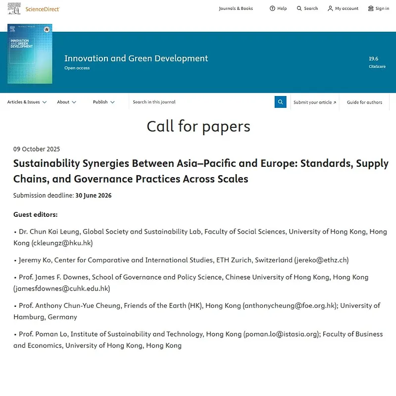 “Sustainability Synergies Between Asia–Pacific and Europe: Standards, Supply Chains, and Governance Practices Across Scales”