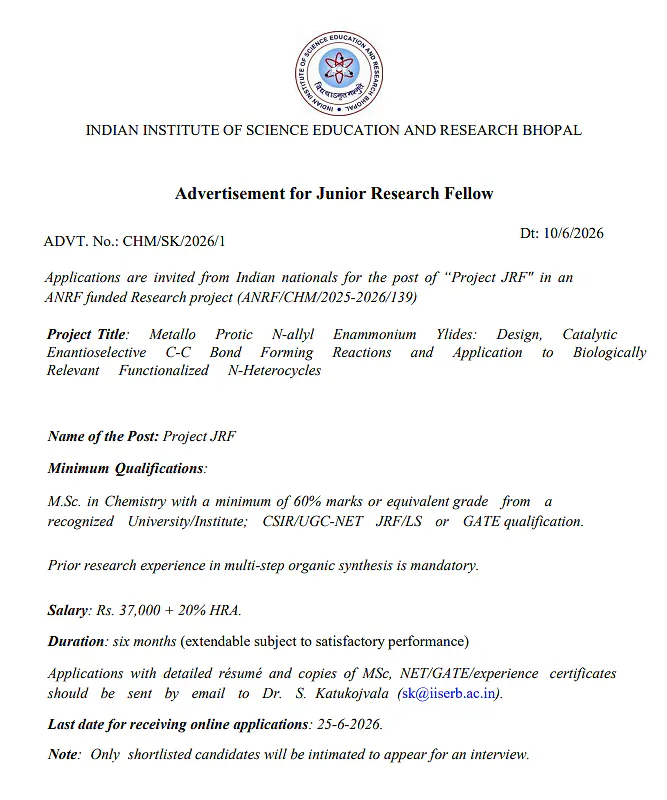 IISER Bhopal Recruitment 2026 | Junior Research Fellow (Project JRF) under ANRF-Funded Research Project