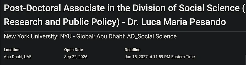 Postdoctoral Research Opportunity: Post-Doctoral Associate in Social Research and Public Policy – New York University Abu Dhabi