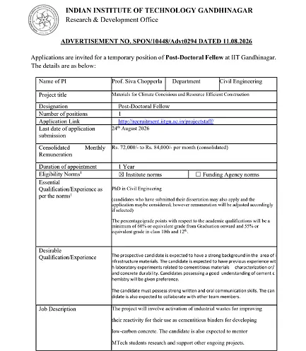 IIT Gandhinagar Postdoctoral Fellow Recruitment 2026 in Civil Engineering