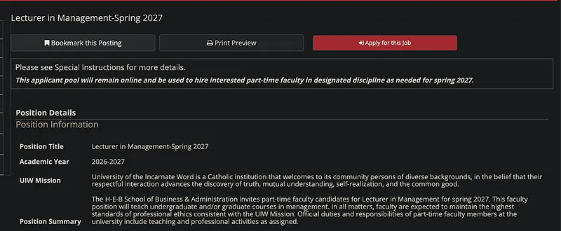 Faculty Opportunity: Lecturer in Management – Spring 2027 – University of the Incarnate Word