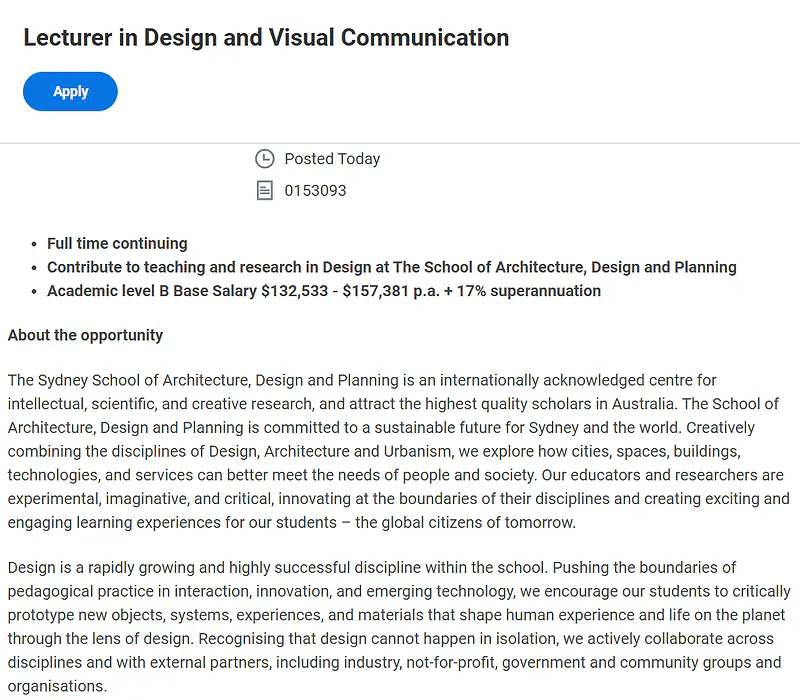 University of Sydney Recruitment 2026 - Lecturer in Design and Visual Communication