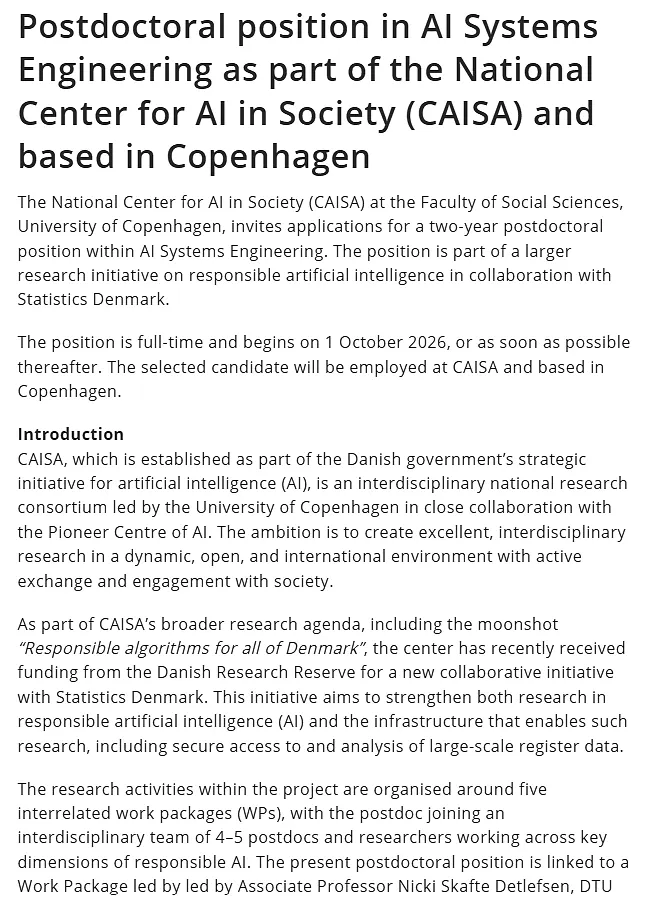 University of Copenhagen Recruitment 2026: Postdoctoral Position in AI Systems Engineering | CAISA | Apply Now