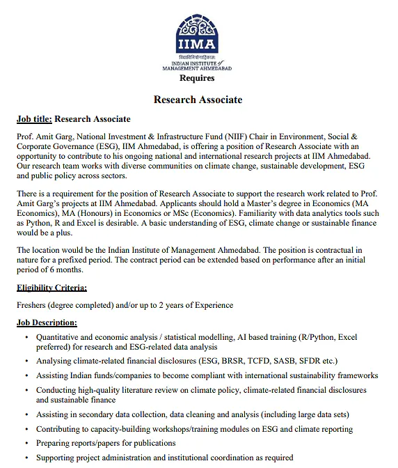 IIM Ahmedabad Research Associate Recruitment 2026 in ESG, Climate Change & Sustainable Finance