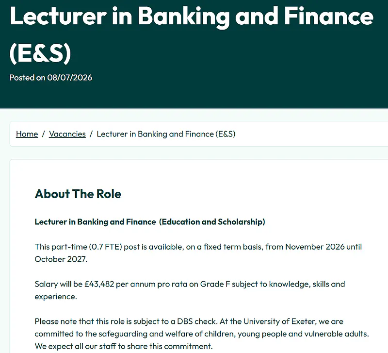 University of Exeter Lecturer Recruitment in Banking and Finance