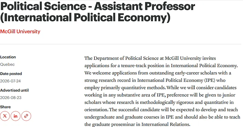 McGill University Assistant Professor Recruitment in International Political Economy