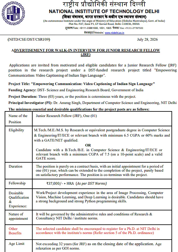 NIT Delhi Junior Research Fellow Recruitment 2026