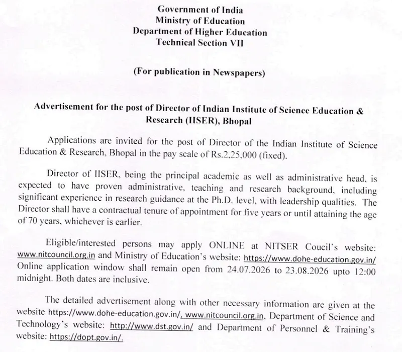 IISER Bhopal Director Recruitment 2026: Apply Online