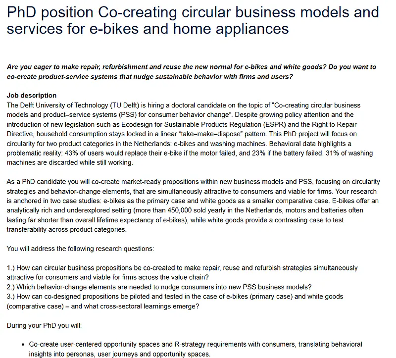 PhD Position 2026 at TU Delft: Co-creating Circular Business Models and Services for E-Bikes and Home Appliances