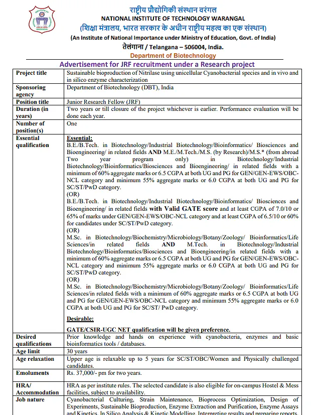 Junior Research Fellowship (JRF) Recruitment 2026 | National Institute of Technology Warangal (NIT Warangal)
