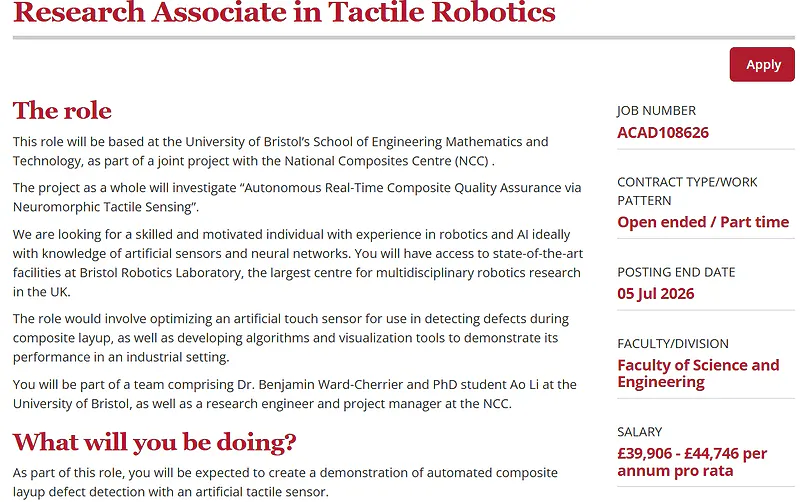 University of Bristol Recruitment 2026: Research Associate in Tactile Robotics