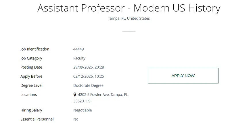 Assistant Professor of Modern U.S. History – University of South Florida