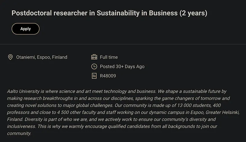 Postdoctoral Research Opportunity: Postdoctoral Researcher in Sustainability in Business – Aalto University